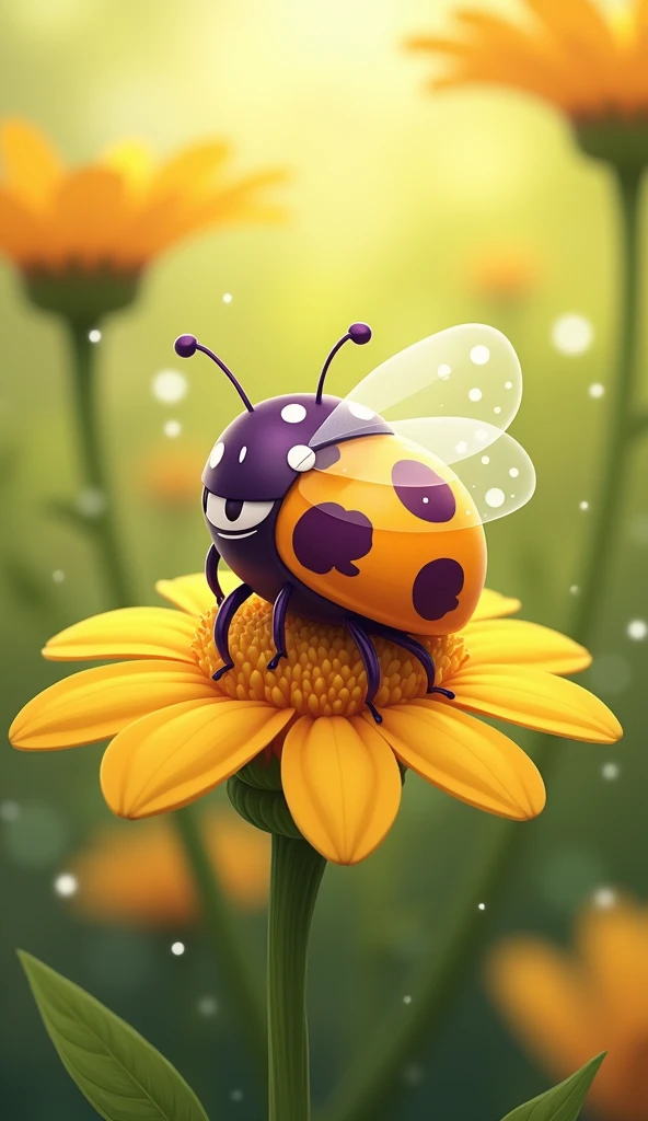 A cute ladybug drawn in cartoon format, the yellow-purple laydybug, with white dots on its back, is perched on a yellow flower in the garden. The light shining on the ladybugs wings sparkled