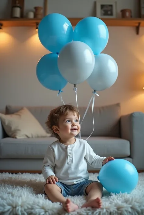 take a picture of a boy sitting on the couch playing with blue and gray balloons