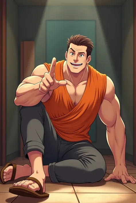 Tall Man, with round face, with short thin brown haircut, less chubby, muscular, in Anime, wearing his orange short kurta, Long dark gray pants, brown sandals, in the private room, sitting on the floor, kicking me with his feet