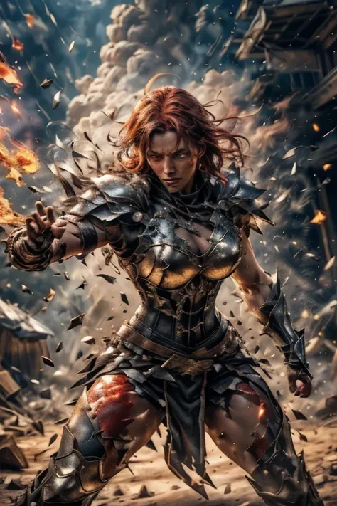 4rmorbre4k, torn clothes, broken armor, debris, injury, pained expression, embarrassed, blush, pectorals, abs, fighting stance, dynamic pose. A stunning red-haired female warrior in shattered, glowing embers knight corset armor (emb3r4rmor), designed with ...