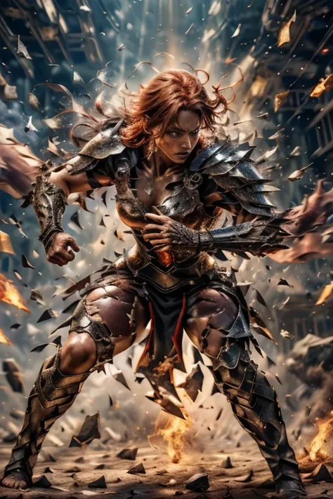 4rmorbre4k, torn clothes, broken armor, debris, injury, pained expression, embarrassed, blush, pectorals, abs, fighting stance, dynamic pose. A stunning red-haired female warrior in shattered, glowing embers knight corset armor (emb3r4rmor), designed with ...