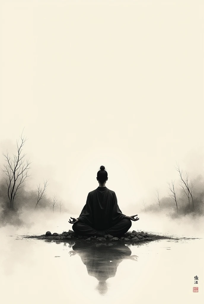 Meditation，  ink painting style ,  Traditional Japanese ink painting ,  emphasizes simplicity and elegance ,  expressive brushstrokes ,  captures the essence of the subject with minimal brushstrokes, Contemplation and reflection . Dynamic Movement, whole b...