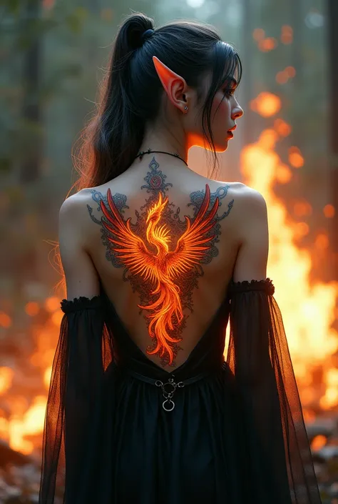 Watercolor, Fantasy Art,  gothic art , a picture of a tattoo on this back of a female elf,  a glowing tattoo  ((Phoenix: 1.3)) on this elfs back, this ((Phoenix tattoo)) vivid, intricate detailed coming to life from this ink to real life, ((fire surrounds ...