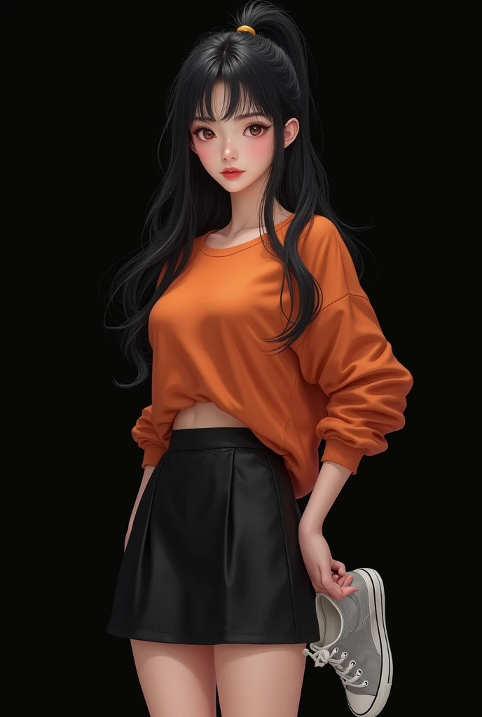  Beautiful hyperrealistic girl (8k full ) Oriental girl hair long ponytail black short wavy disheveled , ,jar  ,  short black short , back,  Big Butt ,  completely black background  , orange open sweater  , white tennis shoes , Yellow light on the right 