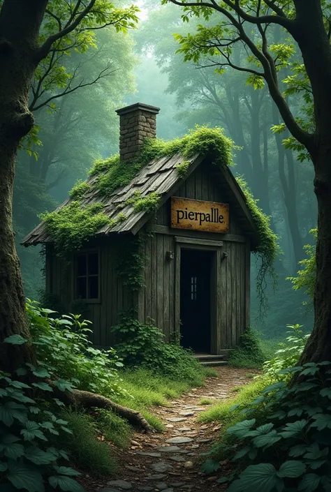 a destroyed hut with a sign on which Pierpalle is written in the middle of a forest