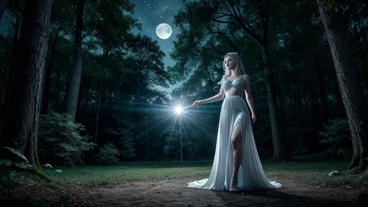 An elf gracefully dances beneath the pale glow of moonlight in a deep, emerald forest. Her long silver hair flows like cascading starlight, shimmering with each movement. She wears a delicate gown of sheer white fabric, reflecting the moon’s light as it bi...