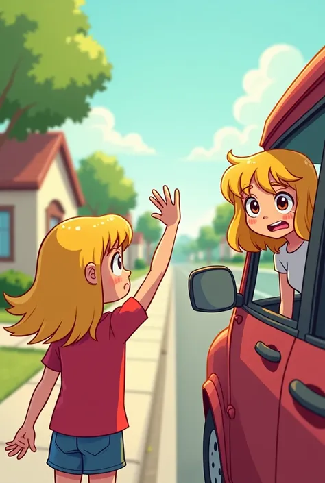 Cartoon of a blonde girl who looks out of a car window to say goodbye to her friend who sees her leaving sad and raises her hand to say goodbye