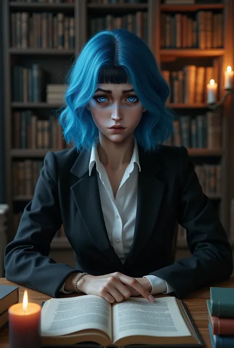 Jinx a formal woman , with blue hair, sad look ,  at a desk with books and candles looking at you intently 