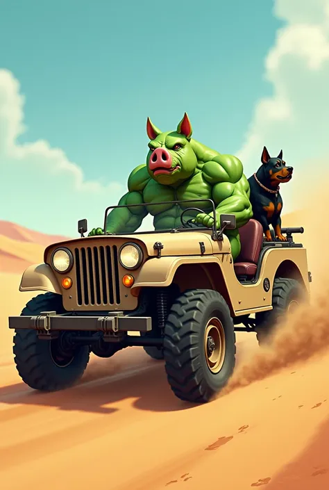  Sexy alpha male muscular green pig driving Jeep on the dunes with his Rotwailer dog on the side, The dog is inside the Jeep sitting on the bench , generate cartoon image  