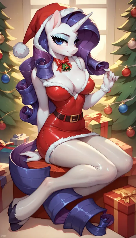 score_9, score_8_up, score_7_up, Rarity, mlp, anthro, 1girl, purple eyes, solo, two curly top hair with hair strands on the side, tight body suit pantyhose, soft breasts, cleavage, jewellery, 1girl, solo, Christmas, (hood with white fur), skirt, hooves, fu...