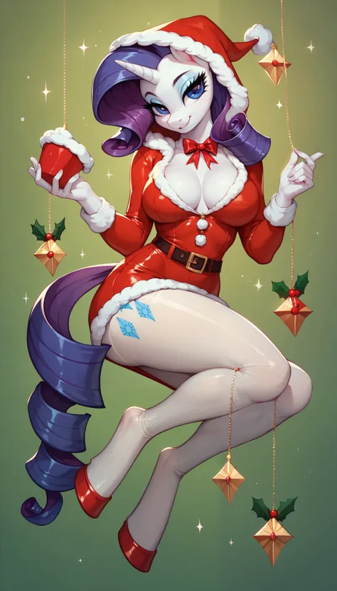 score_9, score_8_up, score_7_up, Rarity, mlp, anthro, 1girl, purple eyes, solo, two curly top hair with hair strands on the side, tight body suit pantyhose, soft breasts, cleavage, jewellery, 1girl, solo, Christmas, (hood with white fur), skirt, hooves, fu...