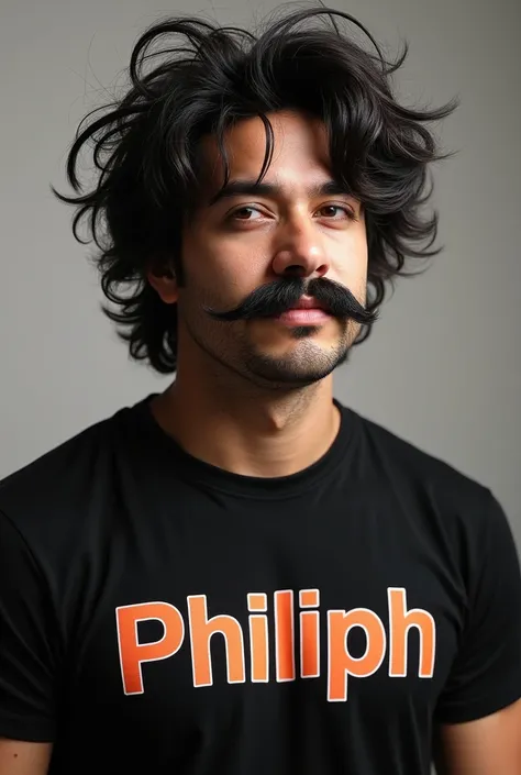 Draw a  with fat black hair with a mustache and a black t-shirt with Philiph written on it