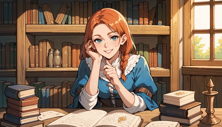score_9, score_8_up, score_7_up, score_6_up, score_5_up, score_4_up, hires, masterpiece, Medieval, Adventurers Guild reception, 1girl, smile, documents, bookshelves, looking at view, game event still,