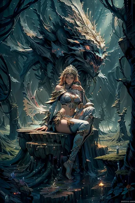 (  masterpiece, Top quality,   best quality,   official splash art  ,   beautiful and aesthetic  :1.2), (1 woman:1.3), (Fractal Art:1.3), Sad expression, Sitting on a tree stump Small breasts,  cameltoe