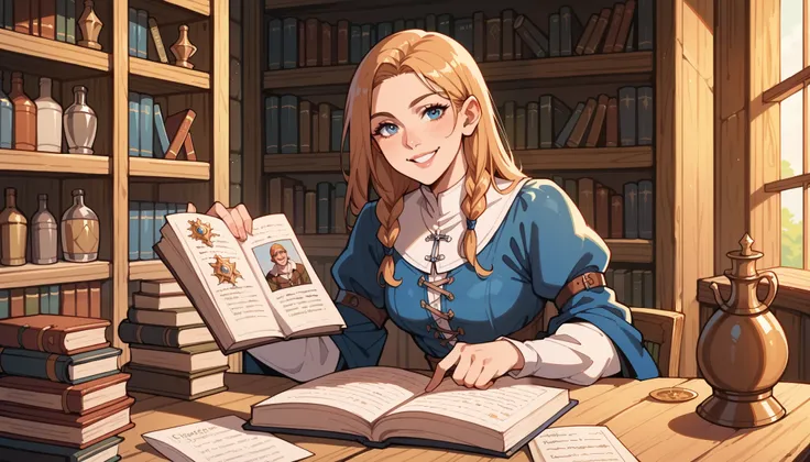 score_9, score_8_up, score_7_up, score_6_up, score_5_up, score_4_up, hires, masterpiece, Medieval, Adventurers Guild reception, 1girl, smile, documents, bookshelves, looking at view, game event still,