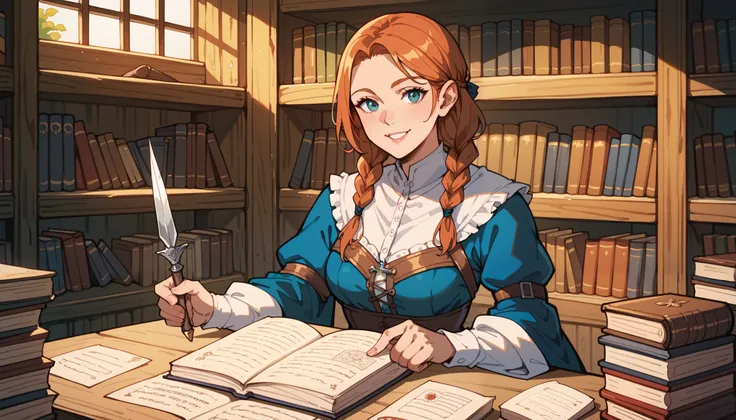 score_9, score_8_up, score_7_up, score_6_up, score_5_up, score_4_up, hires, masterpiece, Medieval, Adventurers Guild reception, 1girl, smile, documents, bookshelves, looking at view, game event still,