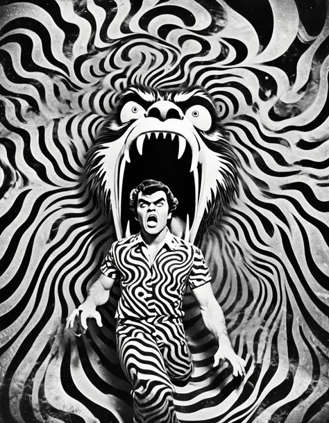 The whole body of a threatening werewolf. Black and white film, "The Twilight Zone", Thick vintage hypnotic spiral wave, trippy footage, marbling art, LSD wave, queerish, peculiar, strange. Groovy retro vibes, analog film texture, Vintage Processing, Faded...