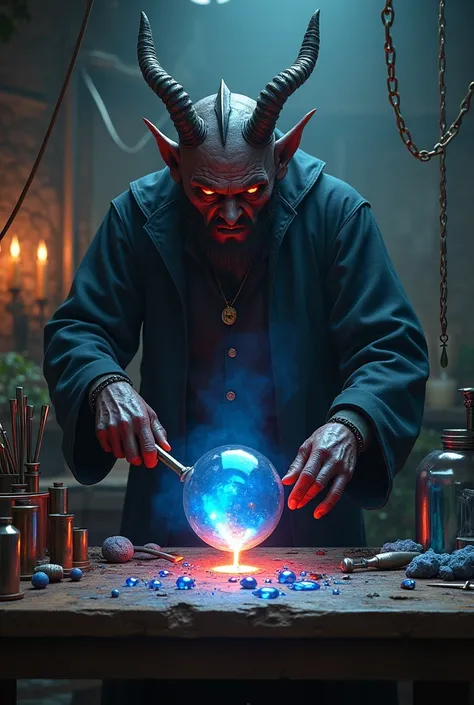 A devil standing behind a table. The table has a glass blowing torch on it. The torch is in front of him on the table. The torch is a horizontal tube shaped nozzle mounted to the table with a flame shooting out of the front away from the devil. He is melti...