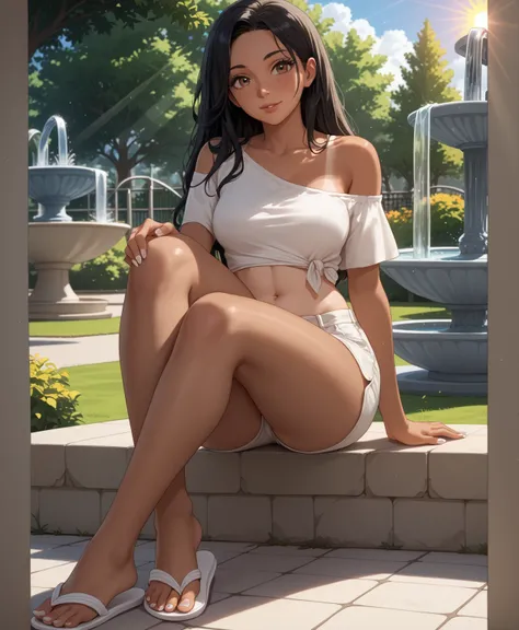 ((masterpiece)), ((anime style)), ((full body)), ((feet visible)), {(attractive figure), (eccentuated curves), (medium breasts), (tan skin), (freckles), (long straight hair), (black hair), (brown eyes), (long eyelashes), (white nails), (lush lips), (cute s...