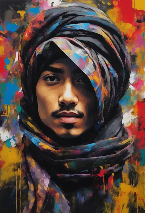 Create an AI-generated image of a handsome young asian muslim man 23 years old wearing black turban inspired by the style of Jean-Paul Riopelle, emphasizing the characteristics of abstract expressionism. The composition should evoke themes of hatred, love,...