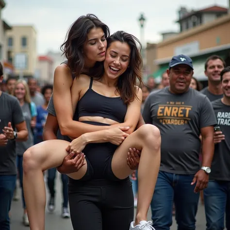 Young Korean female model in gym clothes ,  asleep on an awake Mexican man with his eyes open who laughs carrying her on a street with a lot of Mexican people next to her watching her laugh while they hold her