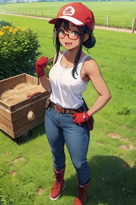  anime picture 、 full body portrait 、Sunburned farmer harvesting vegetables、A 32-year-old dark-skinned woman standing upright and wearing a light blue tank top and long white pants about 175 cm tall、Farmer with freckles on his cheeks 、 smile with open mout...