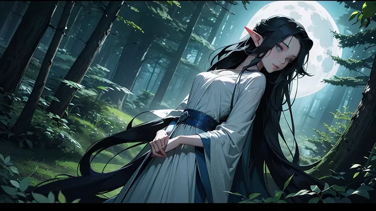 An elf of unparalleled grace patrols a shadowy forest, illuminated by faint streams of moonlight piercing through the treetops. Her sleek, obsidian-black hair cascades down her back, contrasting sharply with her pale, luminescent skin. She wears a gown of ...