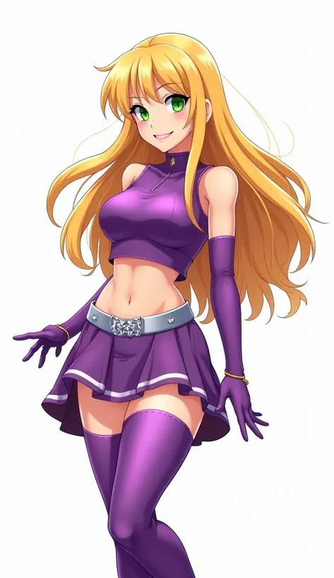 A confident, stunning woman with long, flowing blonde hair and bright green eyes. She wears a vibrant, form-fitting purple outfit with gloves and thigh-high boots. Her outfit accentuates her toned midriff, complemented by a playful skirt and silver belt. T...