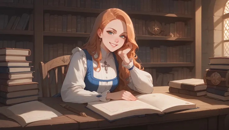 score_9, score_8_up, score_7_up, score_6_up, score_5_up, score_4_up, hires, masterpiece, Medieval, Adventurers Guild reception, 1girl, smile, documents, bookshelves, looking at view, game event still,