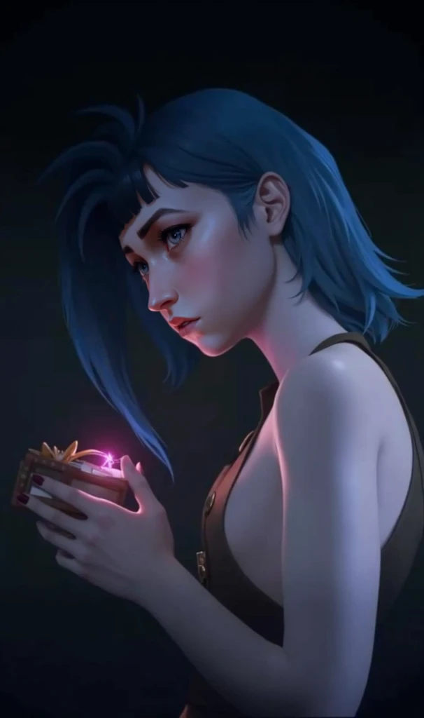 formal woman, with blue hair ,  books with a sad look on a desk , sexy science  ,  staring intently at you  