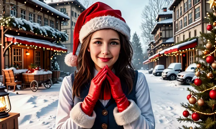 a cute woman, 25 years old, wearing sexy holiday tights, furry Christmas boots, gloves, hat and vest, happy expression, playing in the snow in a Christmas wonderland, teasing and inviting viewer, (best quality,4k,8k,highres,masterpiece:1.2),ultra-detailed,...