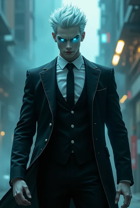 Create a villain ,  with rebellious white hair ,  bright blue eyes,  radioactive veins , Tall and wear a black dress suit,   who wears a ,  has to do with the astatine element, Let him be manly and lively,  white skin , joven y guapo 