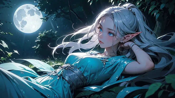 In the heart of the forest, an elf spins gracefully under the moon’s glow, her every motion as fluid as flowing water. Her hair, a blend of silver and lavender, reflects the night’s light like a river under starlit skies. She wears an elegant dress woven w...