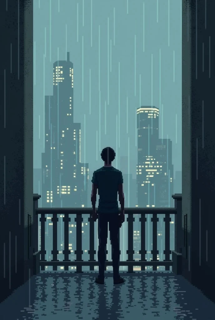 A pixel person standing on a balcony with rain