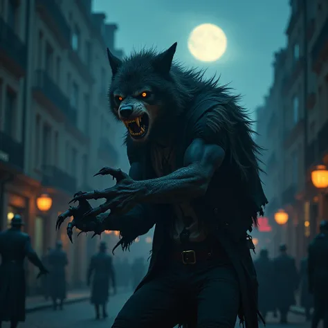 Realistic, theme is "werewolf", depicts a werewolf in the process of transforming from human to wolf, full moon shines in the background, blue color tone, werewolf with a painful expression on his face, writhing in pain with his hands moving, clothes are t...