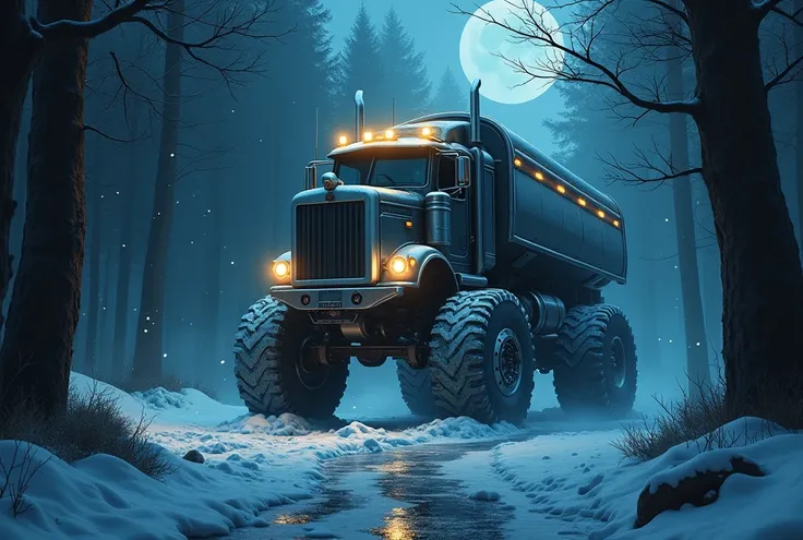  A large truck is walking at night in a dark forest and ice is falling 