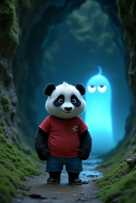 Prompt for Scene 3:
The baby panda, still in its signature red T-shirt and blue shorts, follows the glowing ghostly creature into a dark cave. The Pixar-style lighting highlights the panda’s big blue eyes and round belly as it walks. The cave walls are cov...