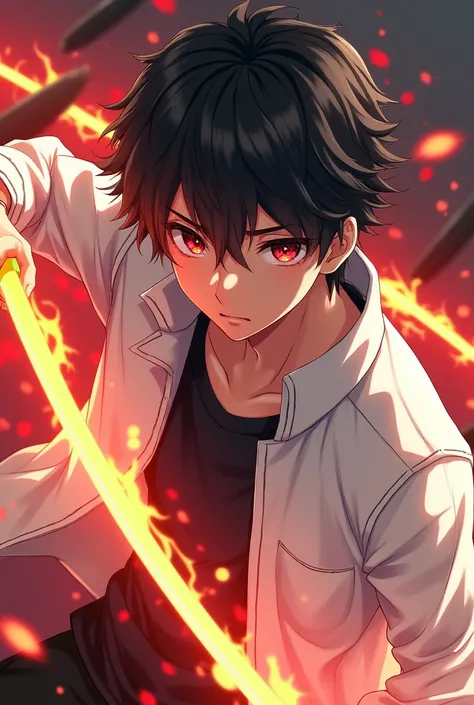 Anime boy with black hair wearing a plain white jacket Plain red eye color and pose holding a fire katana 