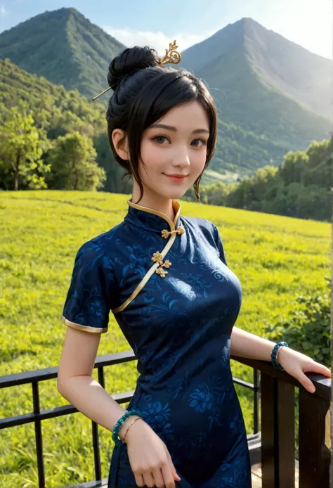   Portrait, internet-famous, goddess, Tai Chi, mountains and waters, dawn, early morning mist, gently, traditional Chinese silk qipao, colors, gracefully, figure, shiny grey pantyhose, sunlight, long black hair, bun, jade hairpin, serenity, fine eyebrows, ...