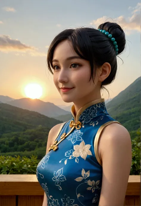   Portrait, internet-famous, goddess, Tai Chi, mountains and waters, dawn, early morning mist, gently, traditional Chinese silk qipao, colors, gracefully, figure, shiny grey pantyhose, sunlight, long black hair, bun, jade hairpin, serenity, fine eyebrows, ...