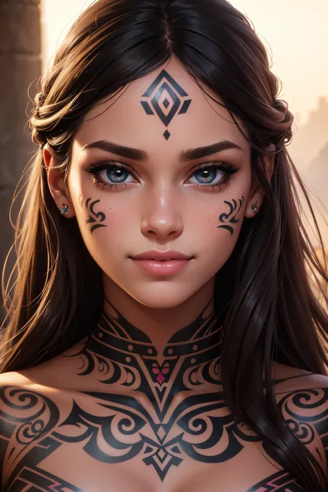 A portrait of a beautiful hyper-feminine young woman, large full lips, large and wide eyes, tiny nose, gentle closed mouth smile, tribal tattoos on face, hyperrealism, photorealistic, realistic, extremely detailed, ultra high resolution, 8k