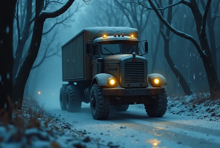  A truck is walking at night in a dark forest and ice is falling 