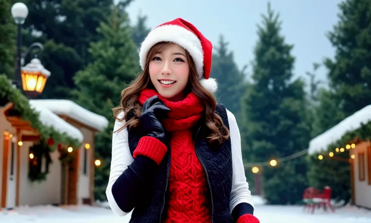 a cute woman, 25 years old, wearing sexy holiday tights, furry Christmas boots, gloves, hat and vest, happy expression, playing in the snow in a Christmas wonderland, teasing and inviting viewer, (best quality,4k,8k,highres,masterpiece:1.2),ultra-detailed,...