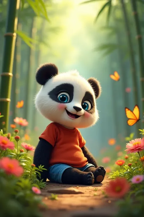 Prompt for Scene 1:
A Pixar cartoon-style cute baby panda with a big, soft belly, large sparkling blue eyes, wearing a bright red T-shirt and blue shorts. The panda is sitting happily in a lush green forest filled with tall bamboo trees, colorful flowers, ...