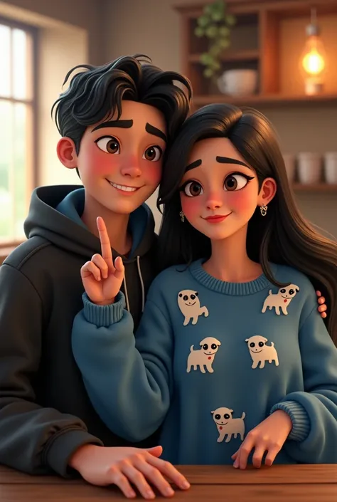 A cute  , beautiful, lovely, with blue sweater and white dog prints with coffee and her boyfriend Güerito,  wearing the hat of her black jacket and black hair ,  takes a picture raising her middle finger in Disney Pixar style 