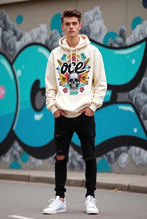 Full shot of a young man 28 year old in front of a graffiti-covered wall. 


The man is wearing a cream hoodie sweatshirt with a graphic design featuring various patterns, symbols, and text. The design is multi-colored, with orange, red, black, white, and ...