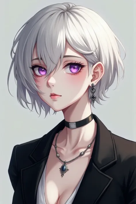 ((best quality)), ((masterpiece)), (detailed),  perfect face short haired woman in white, with white skin ,wearing a black suit, purple eye color , with a cool face,wearing jewelry earrings and necklaces 
 