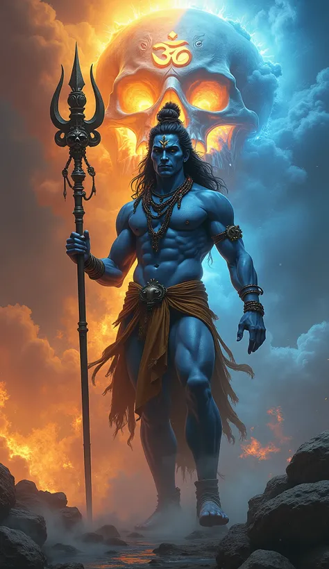 "A divine blue-skinned Lord Shiva moves angrily in a surreal and fiery setting. He holds a trident adorned with severed heads, radiating an aura of power and excellence. The figures muscular physique is accentuated, with flowing hair and a half-moon bun an...