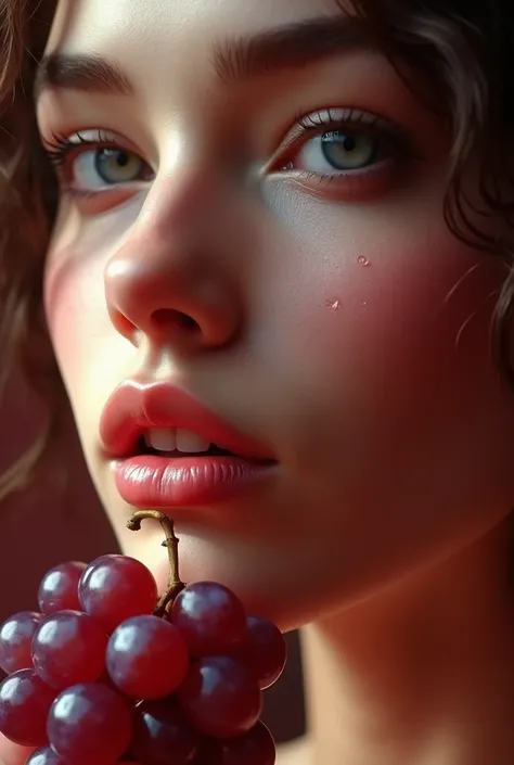 a close up of a woman with a bunch of grapes in front of her, a digital rendering by Liu Haisu, trending on pixabay, art nouveau, face and skin is dark red, grape, grapes, 💋 💄 👠 👗, beautiful natural skin, red glowing skin, smooth glowing skin, smooth healt...