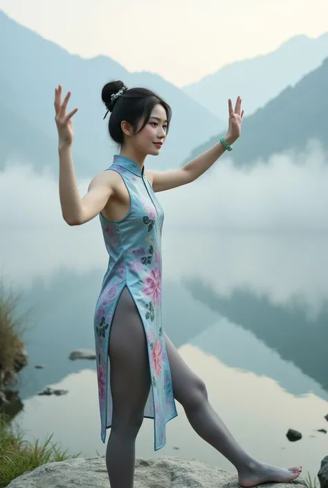   Portrait, internet-famous, goddess, Tai Chi, mountains and waters, dawn, early morning mist, gently, traditional Chinese silk qipao, colors, gracefully, figure, shiny grey pantyhose, sunlight, long black hair, bun, jade hairpin, serenity, fine eyebrows, ...